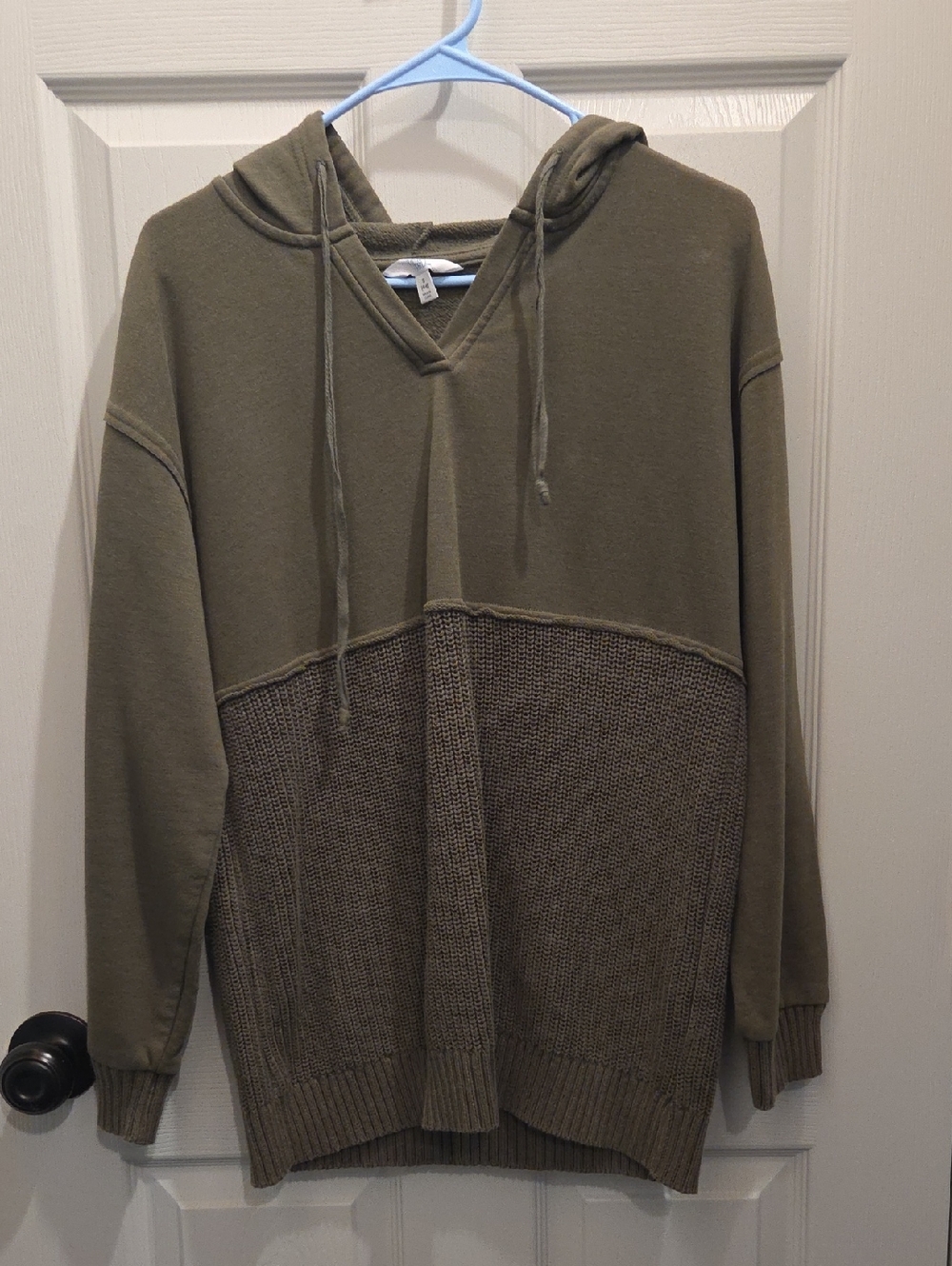 Time and Tru Olive Two-Tone V-Neck Hooded Sweater